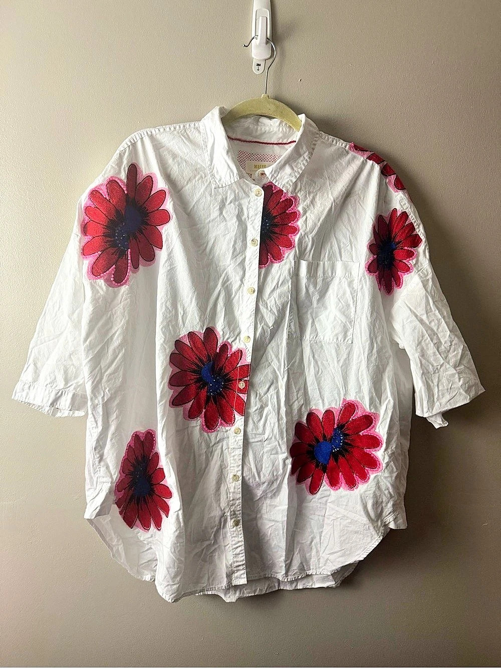 Maeve By Anthropologie Floral Beaded Embroidered Button Down White Blouse Size M